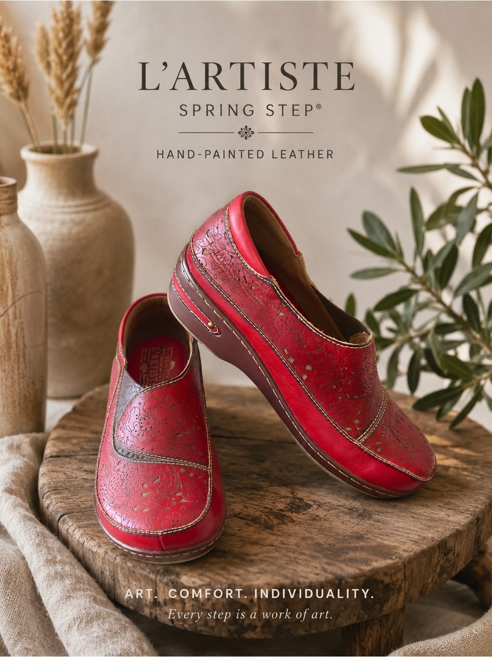 L’Artiste by spring step, Burbank clogs vibrant hand painted red leather.